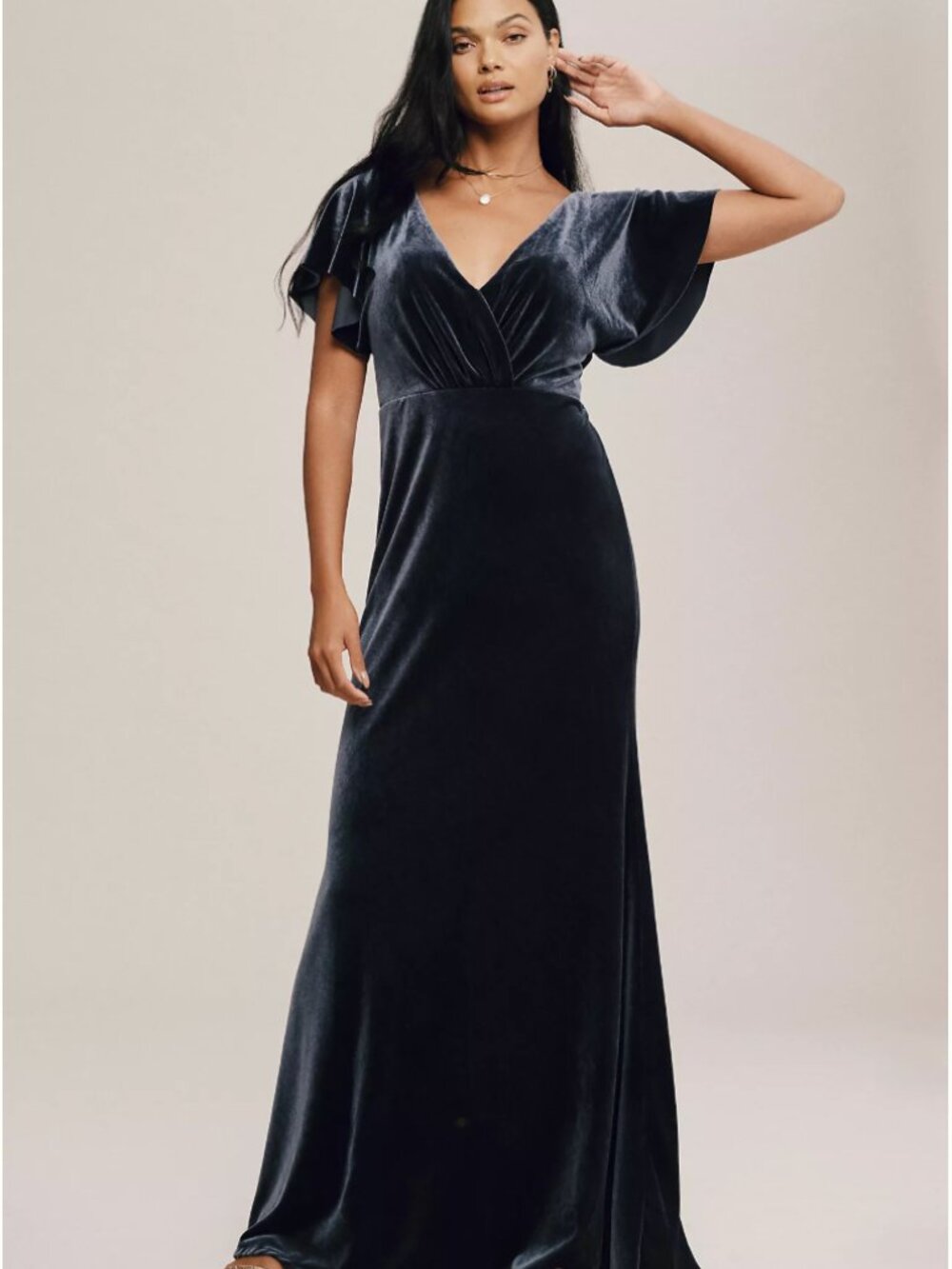 Jenny Yoo Ellis Flutter-Sleeve Open-Back Stretch Velvet Gown
